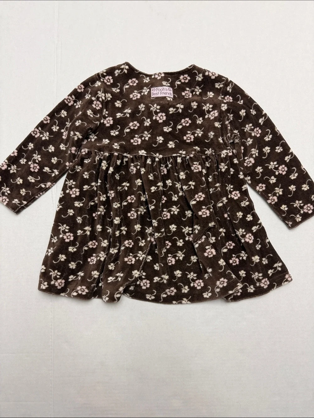 Disney Winnie the Pooh Girls 3T Vintage Brown and Cream Floral Velour Dress
